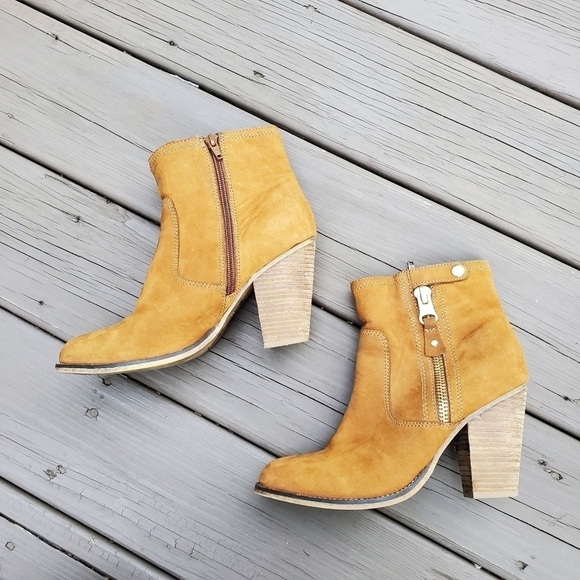 Aldo Olenalla Camel Banana Tan Suede Leather Zip Chunky Western Boho Ankle Boots - Picture 4 of 8